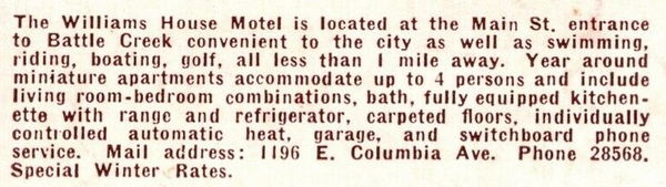 Williams House Motel - Vintage Postcard Back